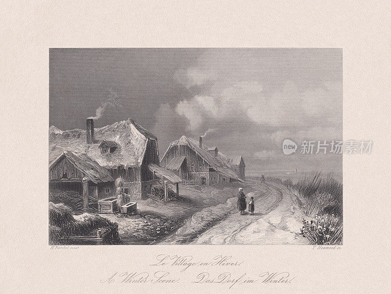 冬天的村庄，海因里希・贝<e:1>尔克尔绘制，钢雕，约1850年